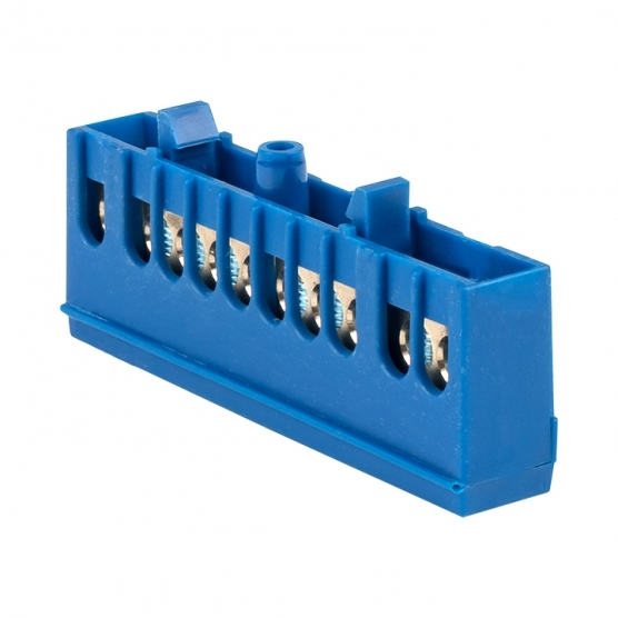 original-12439.jpg Шина нулевая в изолированном корпусе на DIN-рейку EKF PROxima 6х9 мм 10 отверстий синяя (20 шт.) (sn0-63-10-ib) — изображение 1