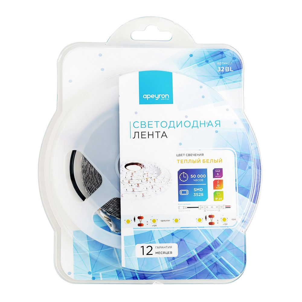 original-13650.jpg Лента светодиодная SMD 3528 3000К 12 В 9,6 Вт/м 5 м IP20 Apeyron (32BL) — изображение 1