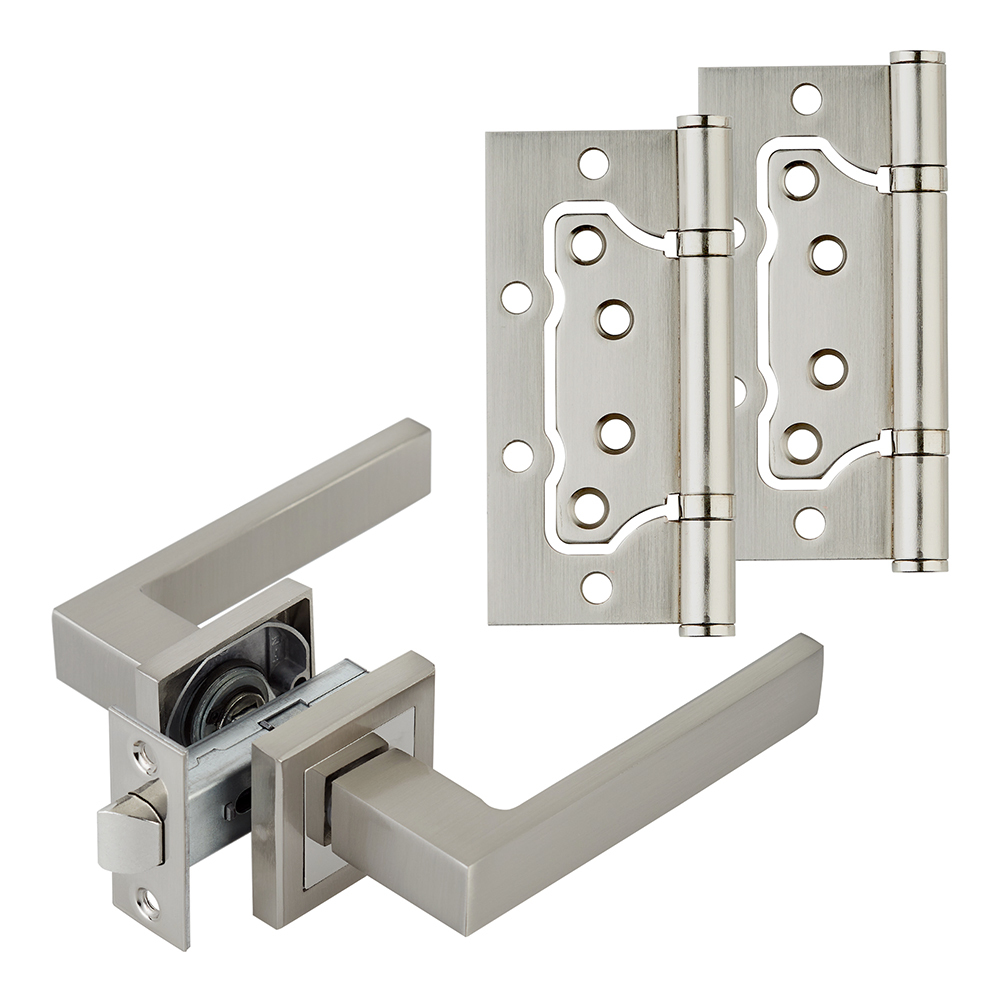 original-1404.jpg Комплект фурнитуры для двери Corsa Deco Clover с защелкой и петлями квадратная розетка матовый никель (990308) — изображение 1