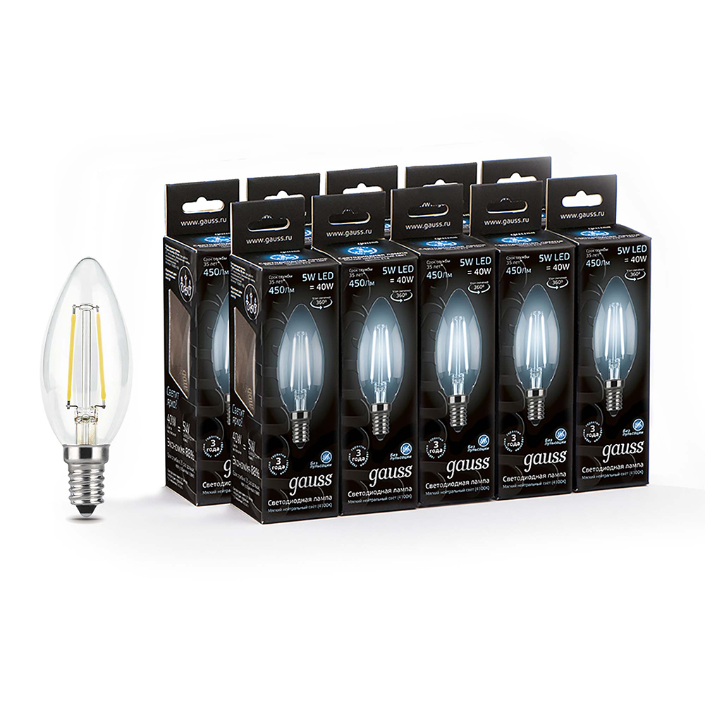 original-18646.jpg Лампа светодиодная филаментная Gauss E14 4100К 5 Вт 450 Лм 150-265 В свеча прозрачная (10 шт.) — изображение 1