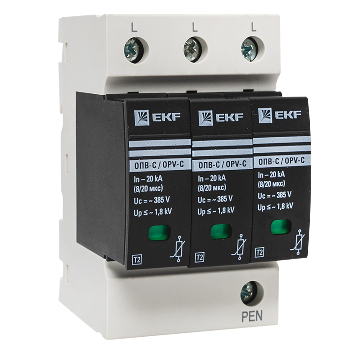 original-21902.jpg Ограничитель напряжения модульный EKF PROxima (opv-c3) 400 В 20 А тип AC 3P — изображение 1