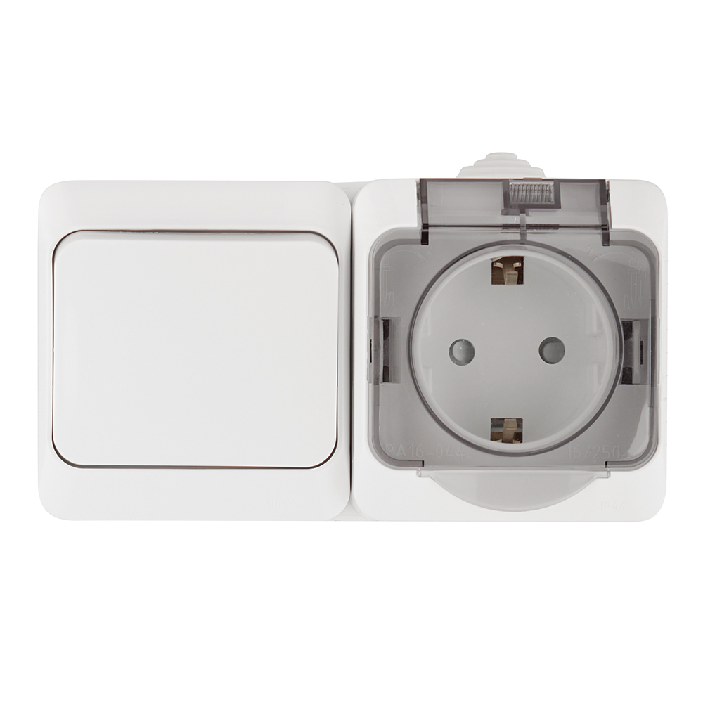 original-24220.jpg Блок переключатель и розетка Systeme Electric Этюд одноклавишный накладной белый (BPA16-246B) — изображение 1