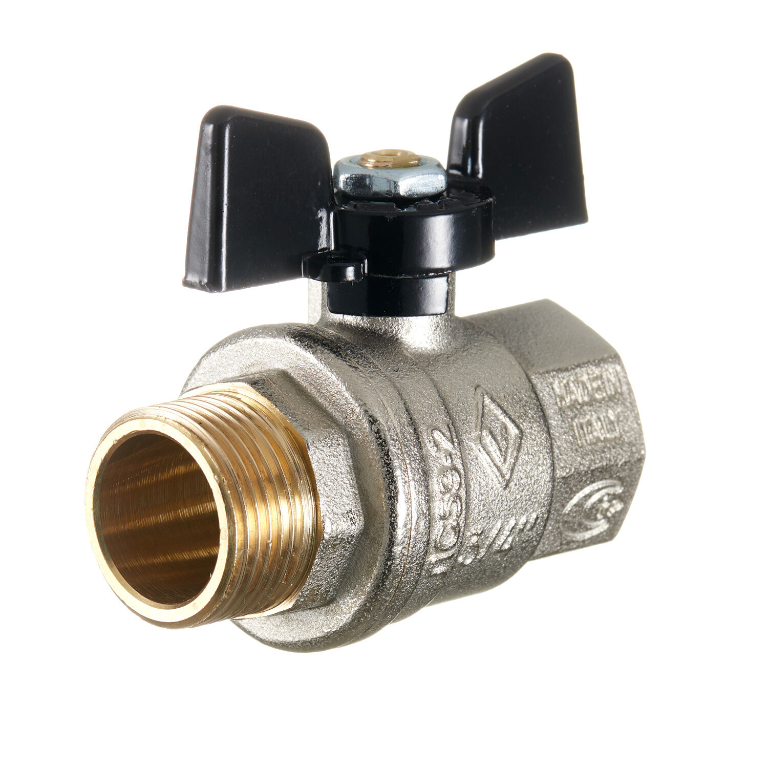 original-30795.jpg Кран шаровой латунный Bugatti 3/4 ВР(г) х 3/4 НР(ш) бабочка прямой (03070177) — изображение 1