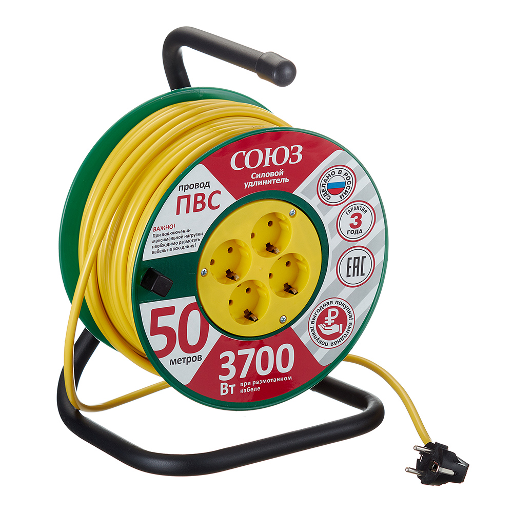 original-33032.jpg Удлинитель Союз с заземлением 50 м на катушке 3,7 кВт 4 розетки ПВС 3х1,5 кв.мм IP20 — изображение 1
