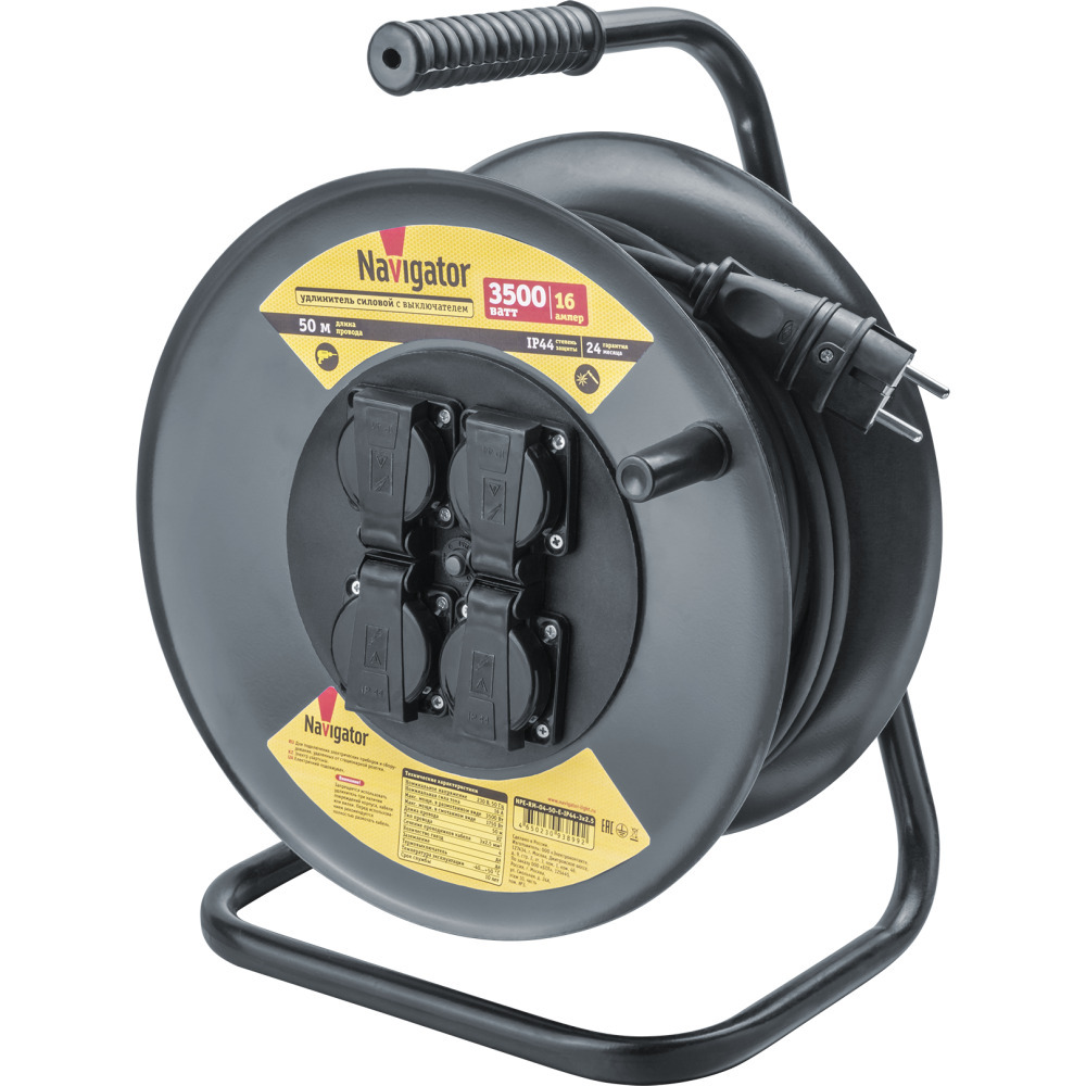 original-37068.jpg Удлинитель Navigator с заземлением 50 м на катушке 3,5 кВт 4 розетки КГ 3х2,5 кв.мм IP44 — изображение 1