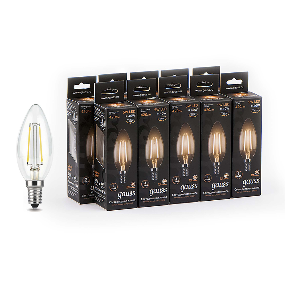 original-5939.jpg Лампа светодиодная филаментная Gauss E14 2700К 5 Вт 420 Лм 150-265 В свеча прозрачная (10 шт.) — изображение 1