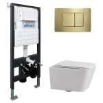 Комплект инсталляции Abber с унитазом Rechteck с кнопкой золото и сиденьем микролифт (AC1201-AC0105-AC0120MMG)