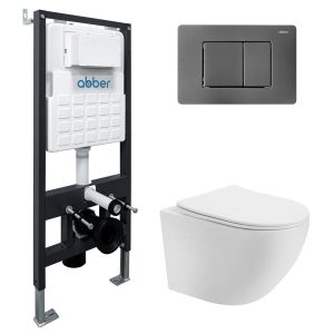 Комплект инсталляции Abber с унитазом Bequem с кнопкой никель и сиденьем микролифт (AC1100T-AC0105-AC0120NG)